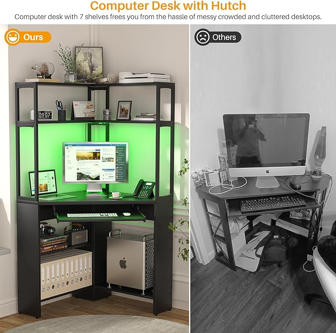 Cyclysio Small Corner Desk with Hutch, Heavy Duty Corner Computer Desk with Power Outlets & LED Light, Triangle Corner Gaming Desk with Keyboard Tray for Home Office, Small Space, Workstation Black