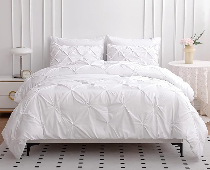 LANE LINEN Full Size Comforter Sets, 7 Piece Bed in a Bag Full Size, Soft Full Size Bed Set, Pintuck Bedding Comforter Sets Full Size, Full Size Comforter Set with Sheets, Pillowcases & Shams - White