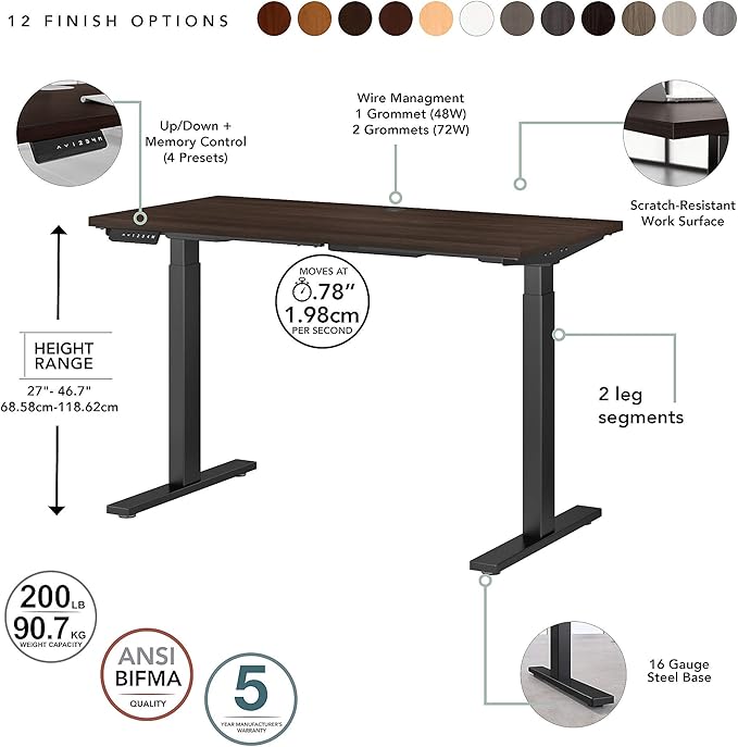 Bush Business Furniture Move 60 Electric Ergonomic Sit-Stand Computer Table for Home and Professional Office, 48W x 24D, Black Walnut