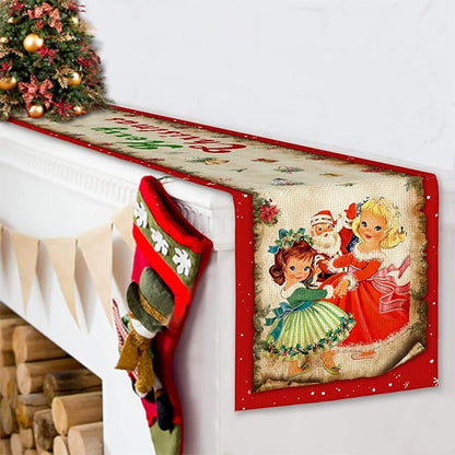 Vintage Christmas Table Runner Christmas Decorations - Red Vintage Style Santa Claus Girls Merry Christmas Winter Xmas Home Kitchen Dining Table Decor, Christmas Party Decorations 13 x 72 Inch