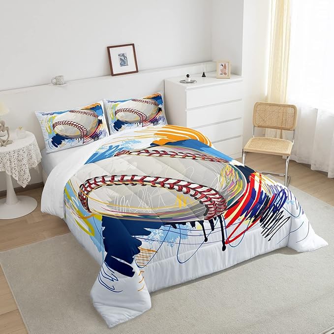 Erosebridal Baseball Comforter Set for Boys Kids Twin Grunge Graffiti Baseball Bedding Set Sports Theme Bed Comforter Sets Watercolor Hippie Tie Dye Quilt Duvet 1 Pillow Case Hand Drawn Navy