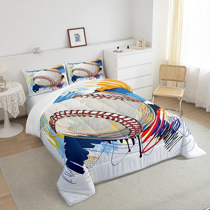 Erosebridal Baseball Comforter Set for Boys Kids Twin Grunge Graffiti Baseball Bedding Set Sports Theme Bed Comforter Sets Watercolor Hippie Tie Dye Quilt Duvet 1 Pillow Case Hand Drawn Navy