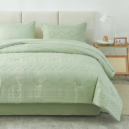 EMME Queen Comforter Set - 7 Pcs Sage Green Boho Bedding Sets, Full Size Tufted Comforter with Sheets, Shabby Chic Embroidery Queen Bed Set Fluffy Bed Bag for All Season(90"X90")