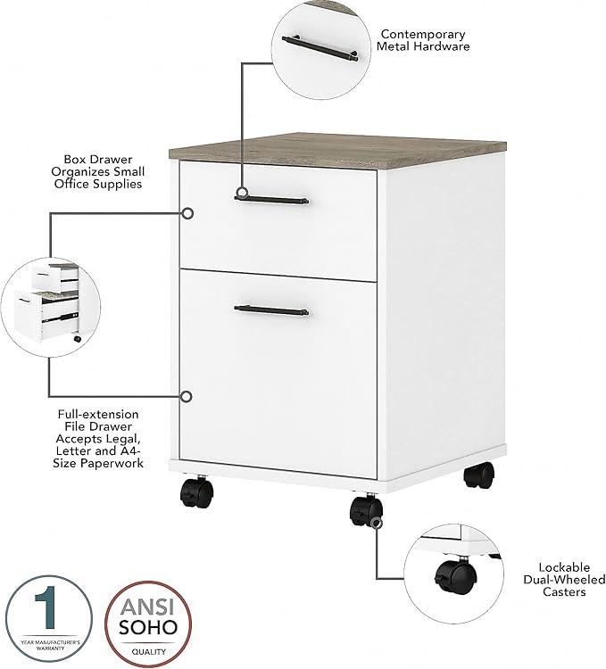 Bush Furniture Key West 60W L Shaped Desk with 2 Drawer Mobile File Cabinet in Pure White and Shiplap Gray
