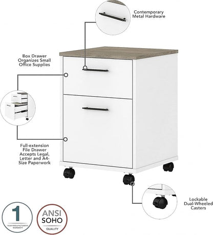 Bush Furniture Key West 60W L Shaped Desk with 2 Drawer Mobile File Cabinet in Pure White and Shiplap Gray