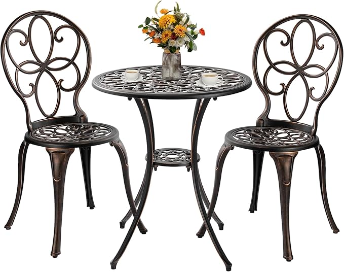 Patio Bistro Sets 3 Piece, Outdoor Bistro Table and Chairs Set of 2 with Umbrella Hole, Cast Aluminum Bistro Set, Patio Furniture for Yard Garden Porch, Bronze