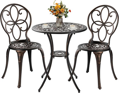 Patio Bistro Sets 3 Piece, Outdoor Bistro Table and Chairs Set of 2 with Umbrella Hole, Cast Aluminum Bistro Set, Patio Furniture for Yard Garden Porch, Bronze