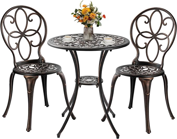 3 Piece Outdoor Bistro Set, Cast Aluminum Bistro Table and Chairs Set, Weather Resistant Patio Metal Bistro Sets, Patio Table Set with Umbrella Hole for Balcony Backyard Garden