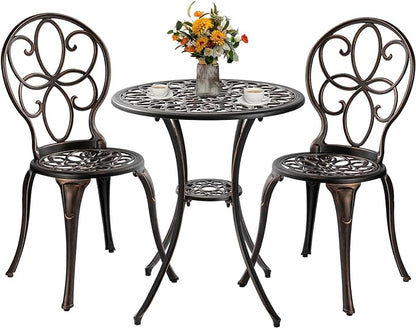 3 Piece Outdoor Bistro Set, Cast Aluminum Bistro Table and Chairs Set, Weather Resistant Patio Metal Bistro Sets, Patio Table Set with Umbrella Hole for Balcony Backyard Garden