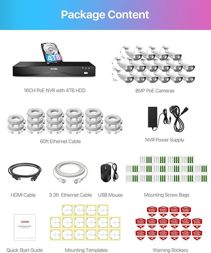 ZOSI 24CH 4K Security Camera System,16pcs 4K Outdoor PoE Cameras,Face/Person/Vehicle Detection,Spotlight Siren,2 Way Audio,Night Vision,16 Port 24CH 8MP Dual-Disk NVR with 4TB HDD for 24/7 Recording