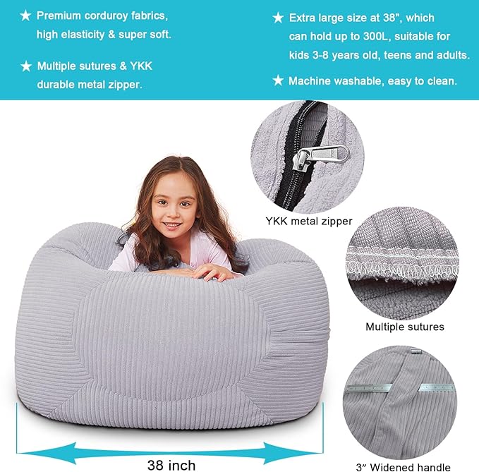 Stuffed Animal Storage Bean Bag Chair Cover for Kids, 38" Beanbag Chairs Cover Plush Toys Organizer Super Soft Corduroy with Handle and Zipper for Boys and Girls - Grey