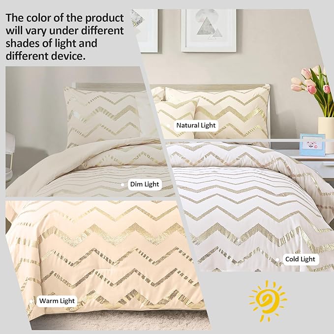 Cream Comforter Set Queen Size Metallic Gold Bedding Set All Season Lightweight Microfiber Comforter for Girls, 4 Piece (2 Pillow Shams + 1 Decorative Pillow Sham)