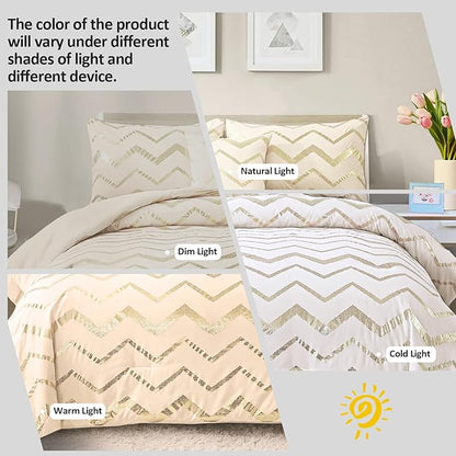 Girls Comforter Set Twin Size Cream Bedding Set Cute Metallic Gold Bed Comforter 3 Piece Lightweight Microfiber Comforter for Kids Teen