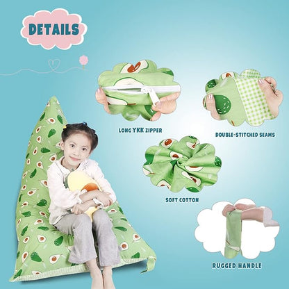 Stuffed Animal Storage Bean Bag Chair Cover, Cotton Green Avocado Plush Toy Storage Stuff and Sit Seat for Kids/Teens/Adults, 52" x 31" Extra Large Triangle Floor Sofa, 200L/52Gal, Cover Only