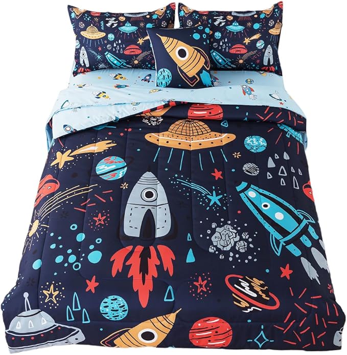 ADASMILE A & S Kids Space Comforter Set 6 Pieces Space Bedding Twin Size for Boys Space Ship Rocket Bedding Galaxy Bed in a Bag Comforter Twin Outer Space Bed Set with Blue Space Sheets Home Decor