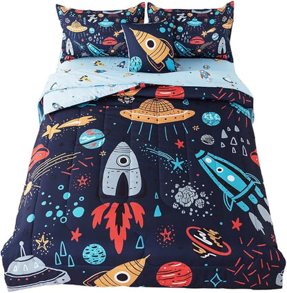 ADASMILE A & S Kids Space Comforter Set 6 Pieces Space Bedding Twin Size for Boys Space Ship Rocket Bedding Galaxy Bed in a Bag Comforter Twin Outer Space Bed Set with Blue Space Sheets Home Decor