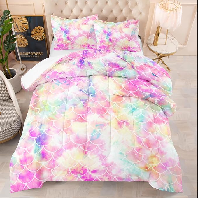 NINENINE Mermaid Comforter Bedding Set,Girls Twin Size Bedding Set,Mermaid Bedding Set,Rainbow Scales Bedding Sets with 1Comforter 1Pillowcase