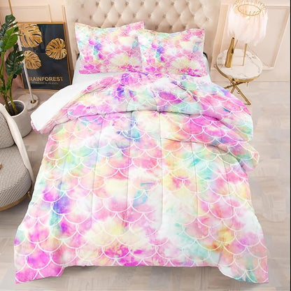 NINENINE Mermaid Comforter Bedding Set,Girls Twin Size Bedding Set,Mermaid Bedding Set,Rainbow Scales Bedding Sets with 1Comforter 1Pillowcase