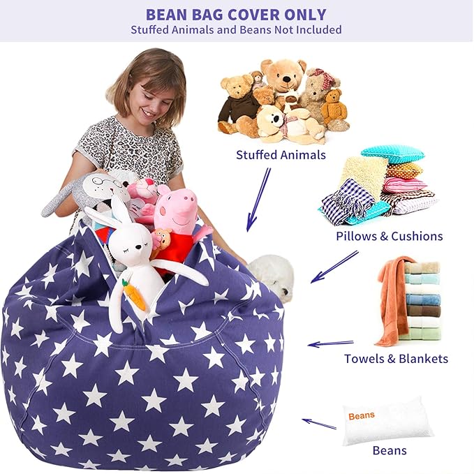 Aubliss Stuffed Animal Storage Bean Bag Chair Cover (No Beans)，Stuff and Sit Storage Bean Bag for Kids Toy Storage, X-Large 48"-Canvas Stars Royal Blue