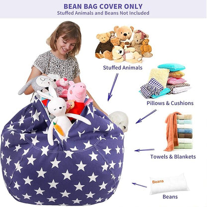 Aubliss Stuffed Animal Storage Bean Bag Chair Cover (No Beans)，Stuff and Sit Storage Bean Bag for Kids Toy Storage, X-Large 48"-Canvas Stars Royal Blue
