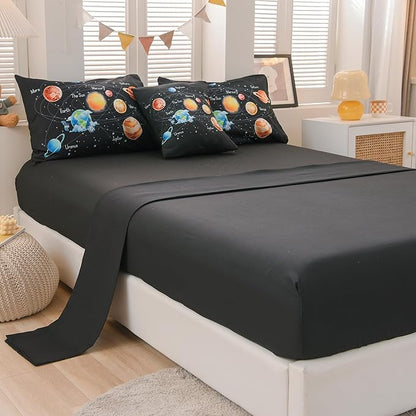 6 Pcs Outer Space Bedding Set Twin Solar System Comforter Set Universe Planets Theme Comforter for Boys Kids Ultra-Soft (1 Comforter, 2 Pillowcases, 1 Flat Sheet, 1 Fitted Sheet,1 Pillowcover)