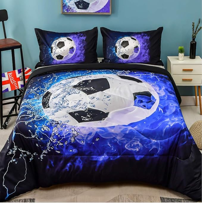 Andency 3D Soccer Comforter Full(79x90 Inch), 3 Pieces(1 Soccer Comforter, 2 Pillowcases) Sport Microfiber Soccer Comforter Set Bedding Set for Boy Kids Teens