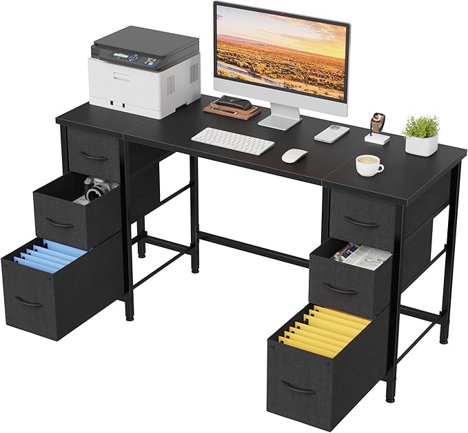 55'' Office Desk with 6 Fabric File Drawers - File Drawer Organization, Computer Work Desk, Study Writing Table, Home Office Workstation, Black.