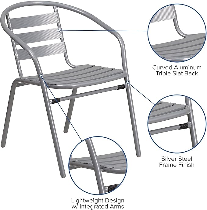 Flash Furniture Lila 31.5'' Square Glass Table with 4 Metal Aluminum Slat Stack Chairs, Silver