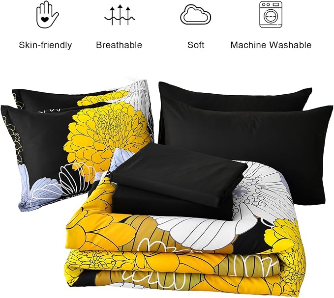 7 Pieces King Yellow Black Comforter Set Bed in a Bag Floral Bedding Set Soft Microfiber Comforter (1 Comforter 1 Flat Sheet 1 Fitted Sheet 2 Pillowshams 2 Pillowcases)