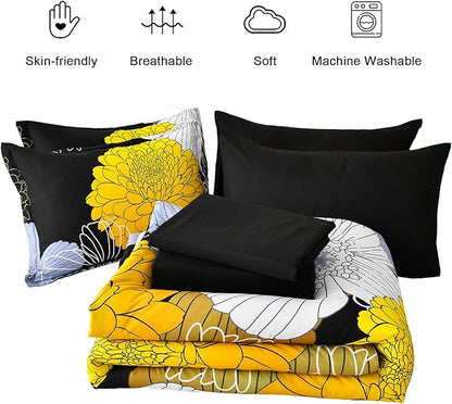 7 Pieces King Yellow Black Comforter Set Bed in a Bag Floral Bedding Set Soft Microfiber Comforter (1 Comforter 1 Flat Sheet 1 Fitted Sheet 2 Pillowshams 2 Pillowcases)