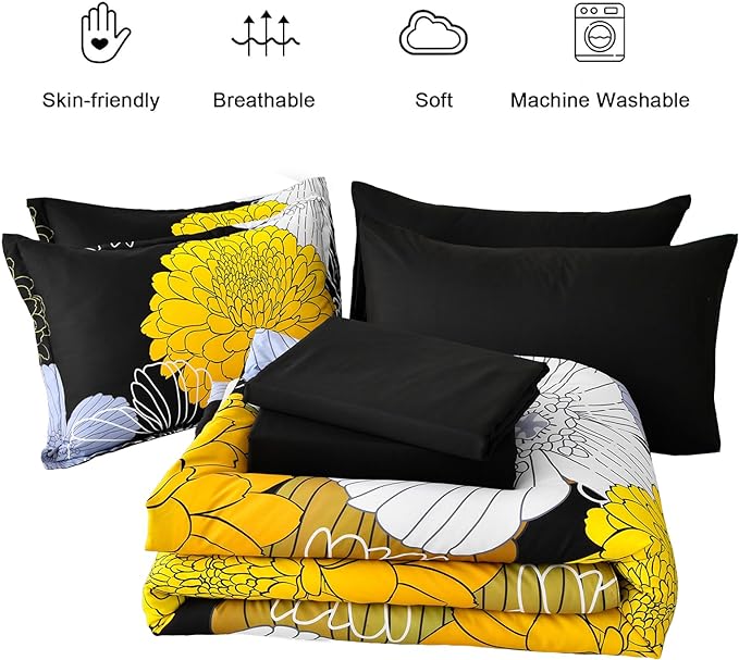 Bed in a Bag Queen Yellow Black Comforter Set 7 Pieces Soft Microfiber Floral Bedding Set with 1 Comforter 1 Flat Sheet 1 Fitted Sheet 2 Pillowshams 2 Pillowcases