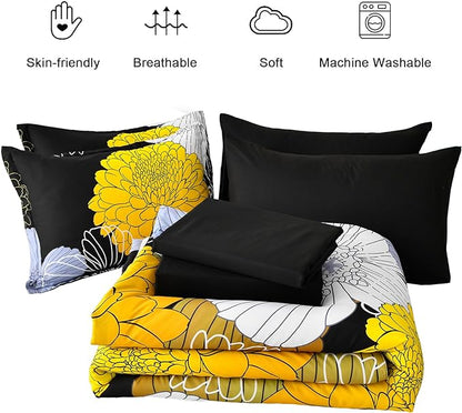 Bed in a Bag Queen Yellow Black Comforter Set 7 Pieces Soft Microfiber Floral Bedding Set with 1 Comforter 1 Flat Sheet 1 Fitted Sheet 2 Pillowshams 2 Pillowcases