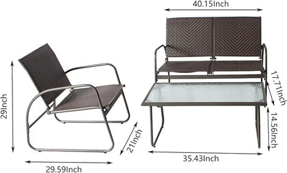 Mapleleaf 4 Pieces Rattan Patio Furniture Set, Outdoor Wicker Conversation Sofa Set, Rattan Chair and Glass Coffee Table for Yard, Pool or Backyard (Brown)