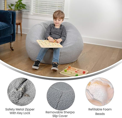 Flash Furniture Dillon Sherpa Bean Bag Chair, Classic Refillable Bean Bag Chair for Kids and Teens, Small, Gray