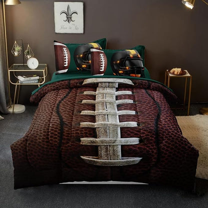 Teen Boy Football Bedding Set Twin Size, 4 Pieces American Football Comforter Set Twin, Kids Sports Bedding Bed in a Bag Set, Green Brown