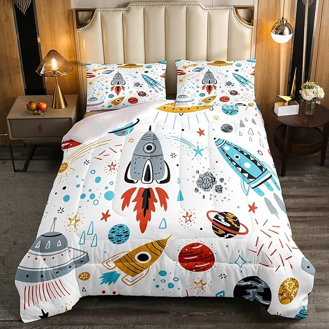 Erosebridal Outer Space Bedding Set Twin Size Kids Boys Space Ship Rocket Comforter Set Cartoon Universe Stars Planet Down Comforter Cosmos Meteorite Quilt Duvet Set with 1 Pillow Case