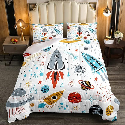 Erosebridal Outer Space Bedding Set Twin Size Kids Boys Space Ship Rocket Comforter Set Cartoon Universe Stars Planet Down Comforter Cosmos Meteorite Quilt Duvet Set with 1 Pillow Case