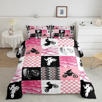 Motocross Comforter Set, Dirt Bike Bedding Sets & Collections Full, Motorcycle Rider Down Comforter For Kids Boys Girls, Motorbike Extreme Sport Game Comforter Set, Buffalo Plaid, Pink Grey Black