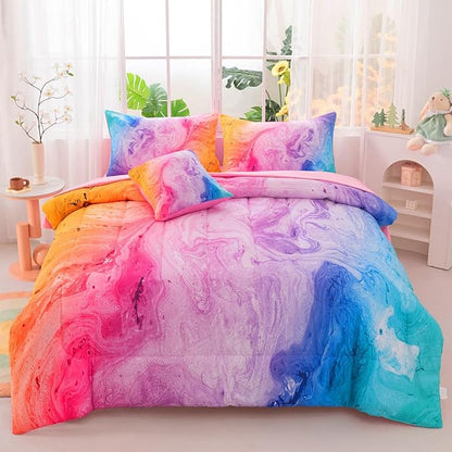 Girls Twin Bedding Sets, 6 Pcs Pink Twin Szie Comforter Set with Sheets, Watercolor Marble Abstract Art Superior Bedding Set for Girls Kids
