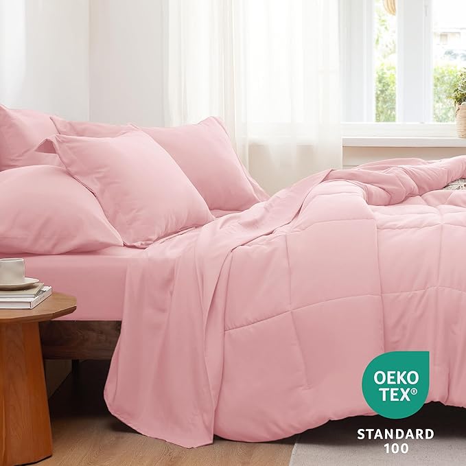 Bedsure Pink Full Size Comforter Set - 7 Pieces Solid Full Bed in a Bag, Full Bed Set Pink with Comforters, Sheets, Pillowcases & Shams