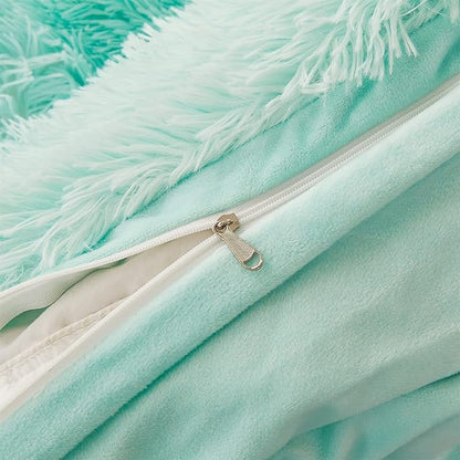 FOPPA Green Comforter Cover Set - Ultra Soft Plush Bedding Sets 3 Pieces (1 Faux Fur Duvet Cover + 2 Faux Fur Pillow case) Green Bed Set(Mint Green, Queen)