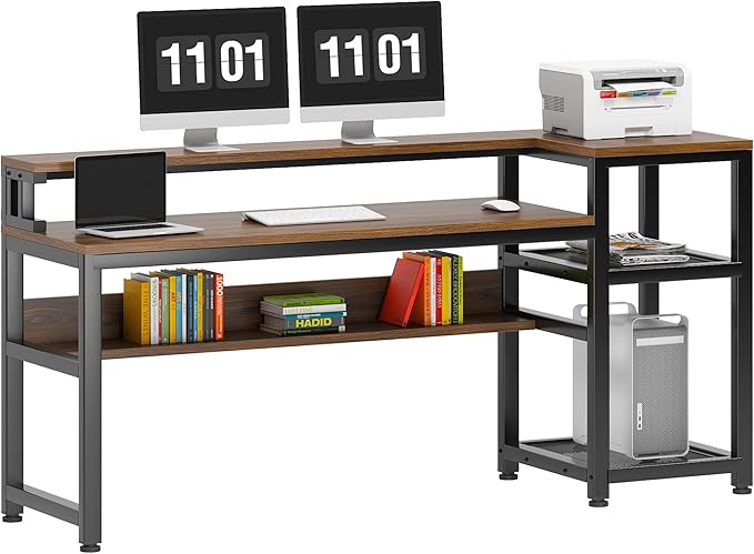 soges 62 Inch Computer Desk with Elevated Monitor Shelf, Home Office Desk with Storage Shelves, CPU Stand, Study Writing Table Workstation with Printer Stand