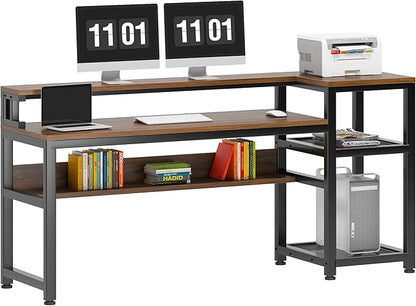 soges 62 Inch Computer Desk with Elevated Monitor Shelf, Home Office Desk with Storage Shelves, CPU Stand, Study Writing Table Workstation with Printer Stand
