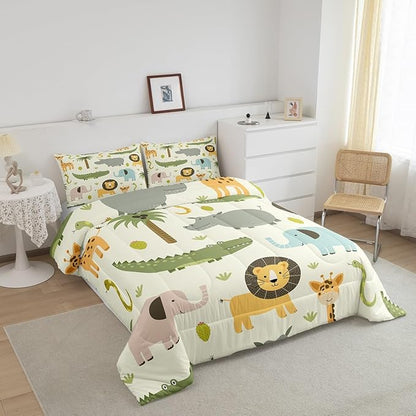Feelyou Nursery Cute Wild Animals Bedding Set for Girls Boys Child Kids Cartoon Lion Giraffe Crocodile Comforter Decor Nature Wildlife Comforter Set Zoo Animal Theme Duvet Set Twin Size Quilt Set