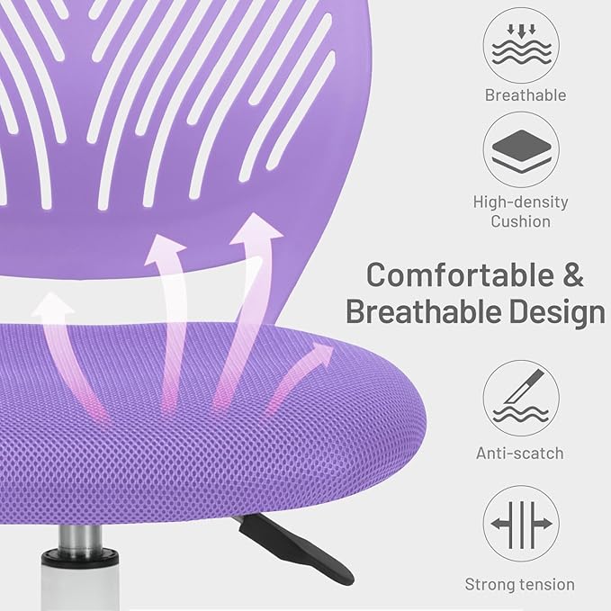 FurnitureR Desk Chair Small Study Chairs Armless for Child Kids Teens, Swivel Rolling Lightweight Mid Back Task Chair with Wheels and Mesh Padded Cushion, Purple