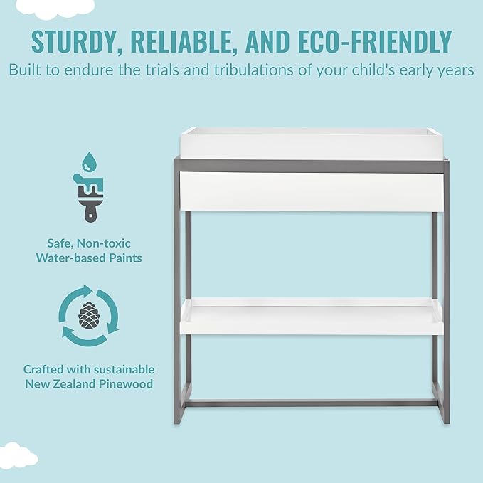 av2023-Dream nontoxic strap-3b688703 Arlo Changing Table, Made of Solid New Zealand Pinewood, Non-Toxic Finish, Comes with Water Resistant Mattress Pad & Safety Strap, Steel Grey And White