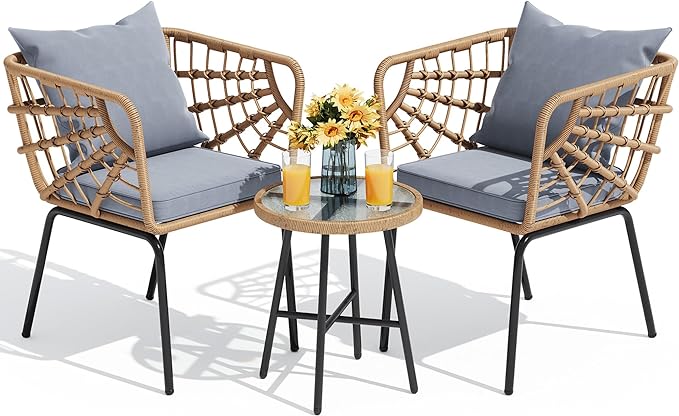 YITAHOME Wicker 3-Piece Outdoor Bistro Set, All-Weather Patio Conversation Set for Balcony, Backyard, Pool, Porch, Deck, Outdoor Sectional Furniture Set with Table & Cushions - Grey