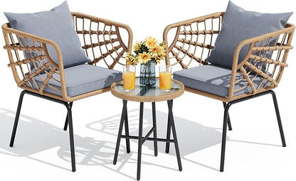 YITAHOME Wicker 3-Piece Outdoor Bistro Set, All-Weather Patio Conversation Set for Balcony, Backyard, Pool, Porch, Deck, Outdoor Sectional Furniture Set with Table & Cushions - Grey