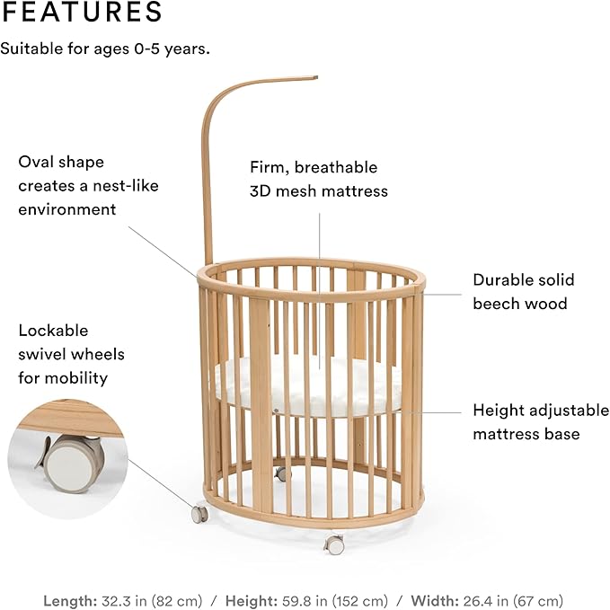 Stokke Sleepi Mini Bundle, Natural - includes Crib/Bed, Mattress & Drape Rod - Suitable for Ages 0-5 Years Old - Adjustable & Stylish