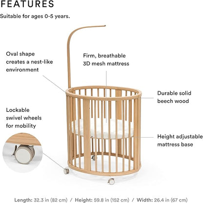 Stokke Sleepi Mini Bundle, Natural - includes Crib/Bed, Mattress & Drape Rod - Suitable for Ages 0-5 Years Old - Adjustable & Stylish